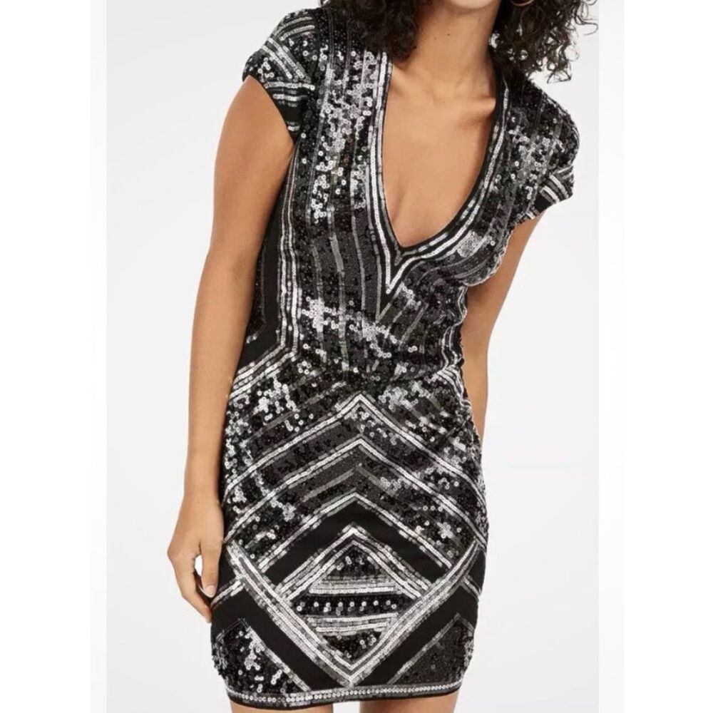 Express Black Silver Sequin Geometric Glamour Mini Cocktail Evening Dress XL